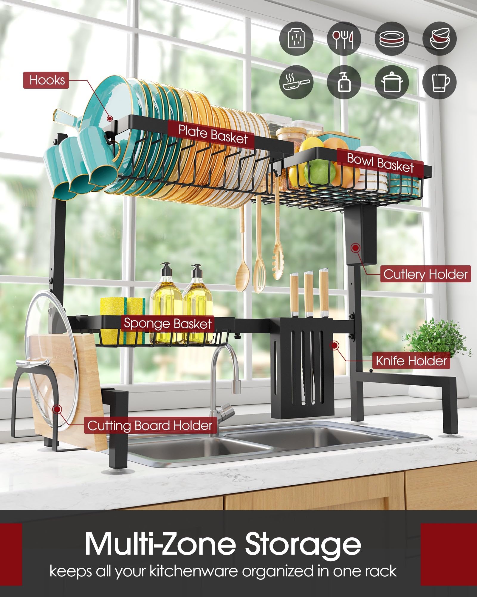Sakugi over-the-sink rack in stainless steel finish promotes durable, rust-free drying.