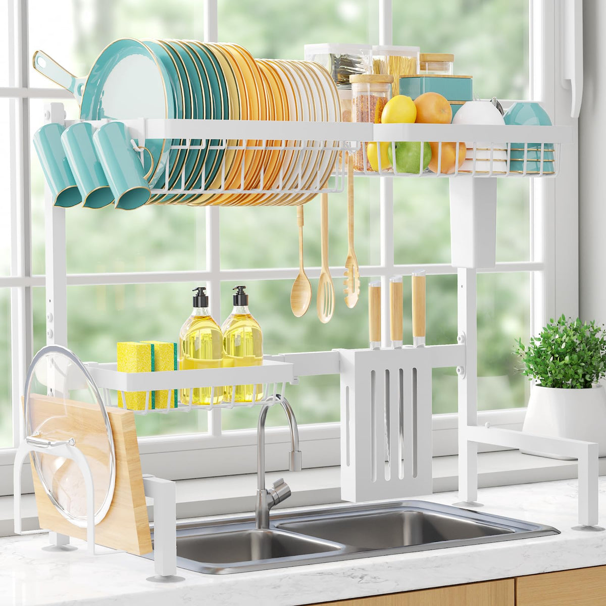 Sakugi over-the-sink dish drying rack shows generous capacity for bowls and utensils.
