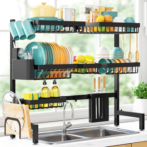 Sakugi over-the-sink dish rack installed for organized counter space and drainage.