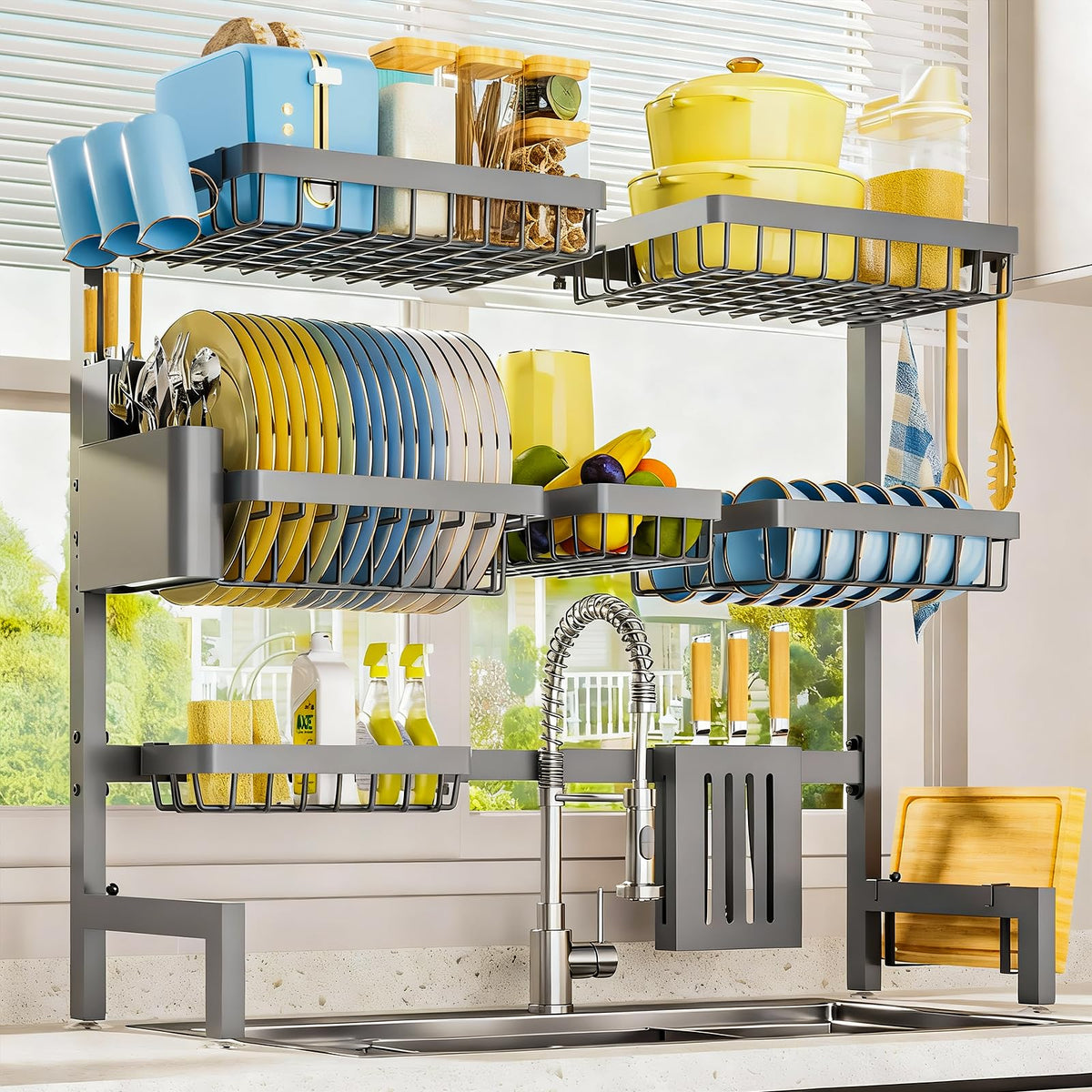 Sakugi over-the-sink drying rack in gray keeps dishes organized and dry.