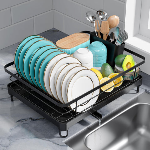Sakugi stainless steel dish drying rack on the counter offers compact organization.