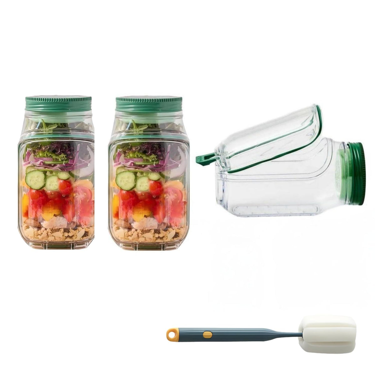 Salad jar with side-opening design showing easy access to layered ingredients for lunch prep