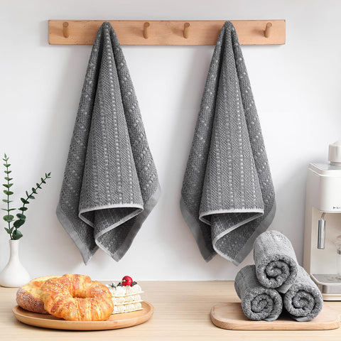 SALAS grey towels hide stains between washes for a neat kitchen.