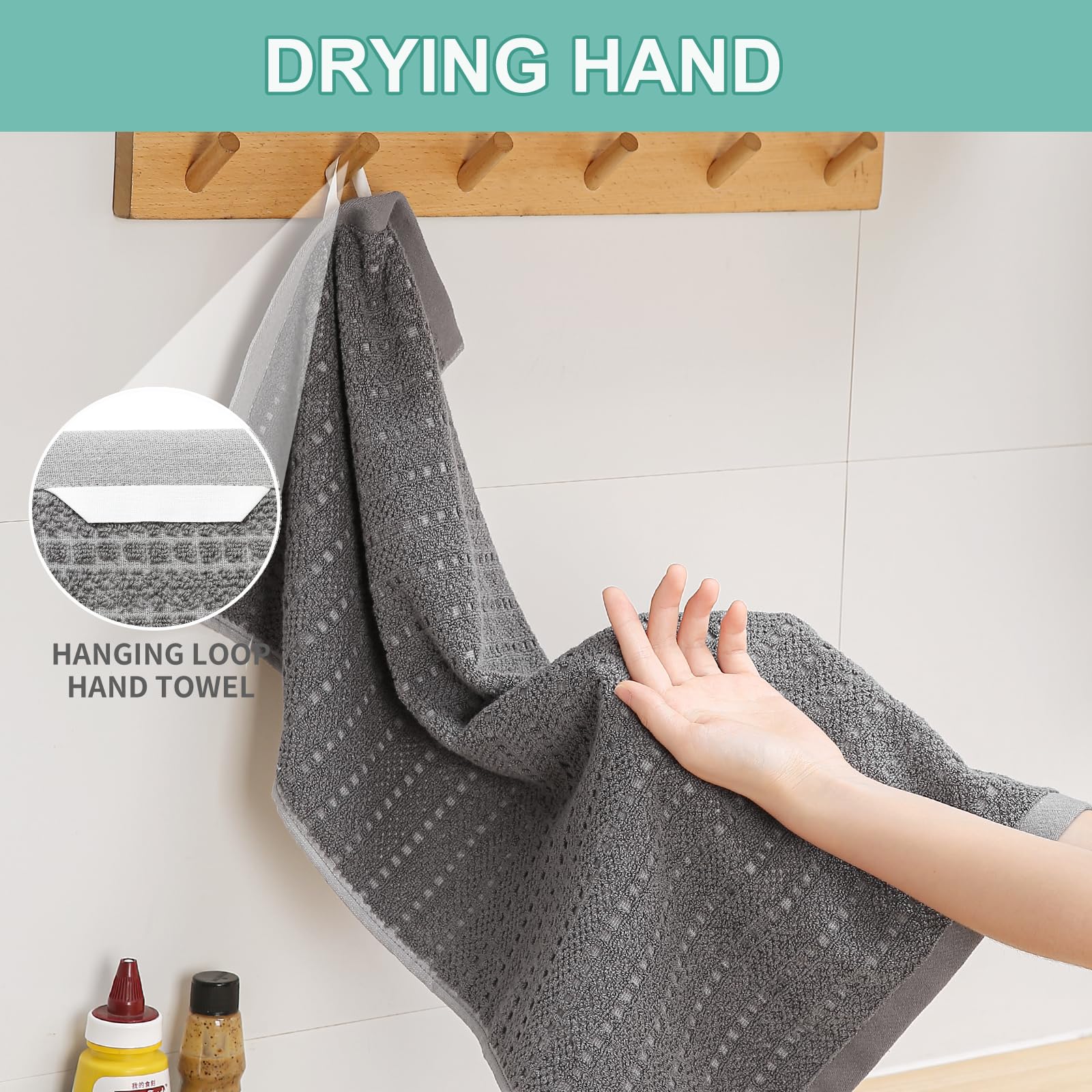 SALAS towels with hanging loop for easy storage after use.