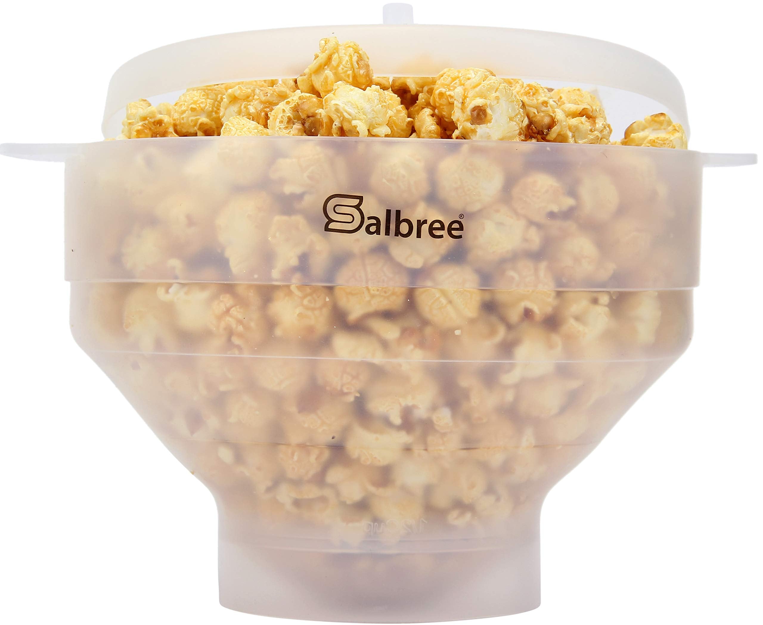 Salbree collapsible popcorn popper with clear view for watching kernels pop and compact storage.