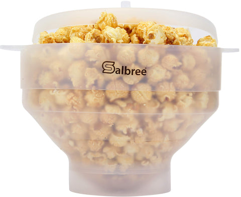 Salbree collapsible popcorn popper with clear view for watching kernels pop and compact storage.