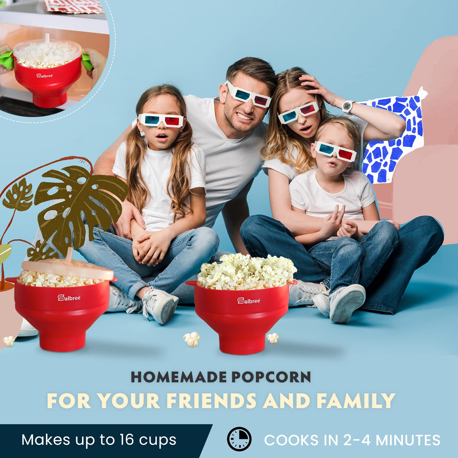 Salbree popcorn popper showing dishwasher-safe feature and quick cleanup.