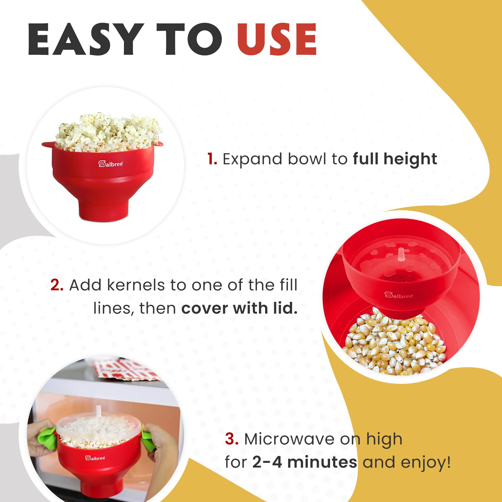 Salbree popcorn popper in microwave for oil-free popping.