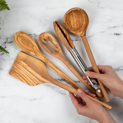 Salt & York olivewood tongs ideal for tossing and serving safely.