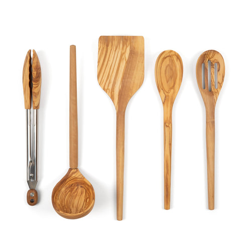 Salt & York olivewood turner for delicate flipping without scratching nonstick surfaces.