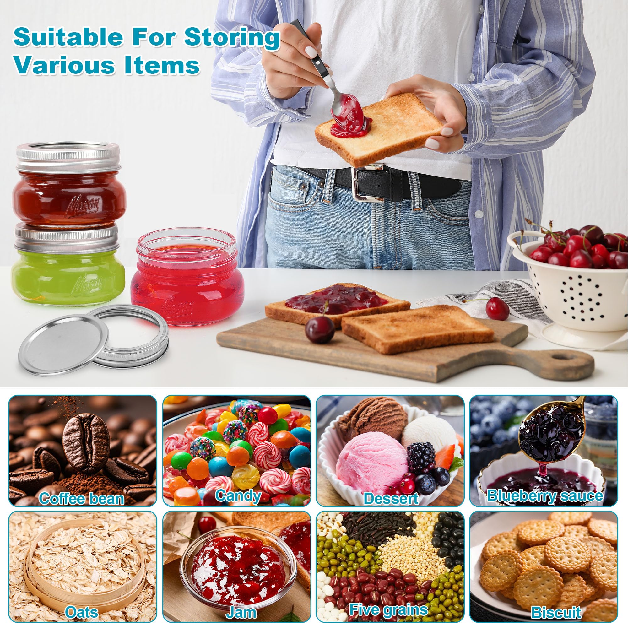 Saluioa Mason Jar 4oz 24-pack – spill-proof lids ideal for travel snacks and on-the-go storage.