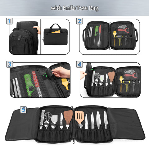 Samdew chef bag interior with 12-slot main pocket for utensils