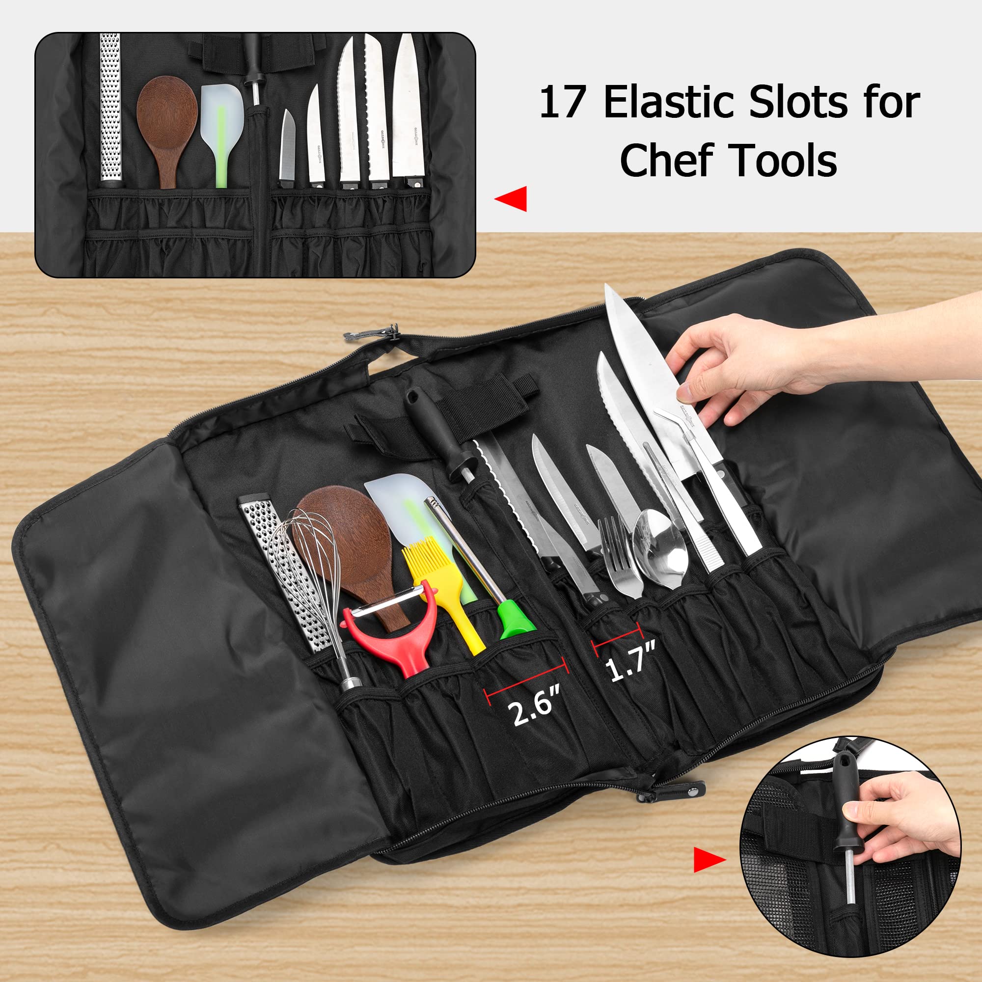 samdew knife bag sharpening slot keeps a steel ready for edge care.
