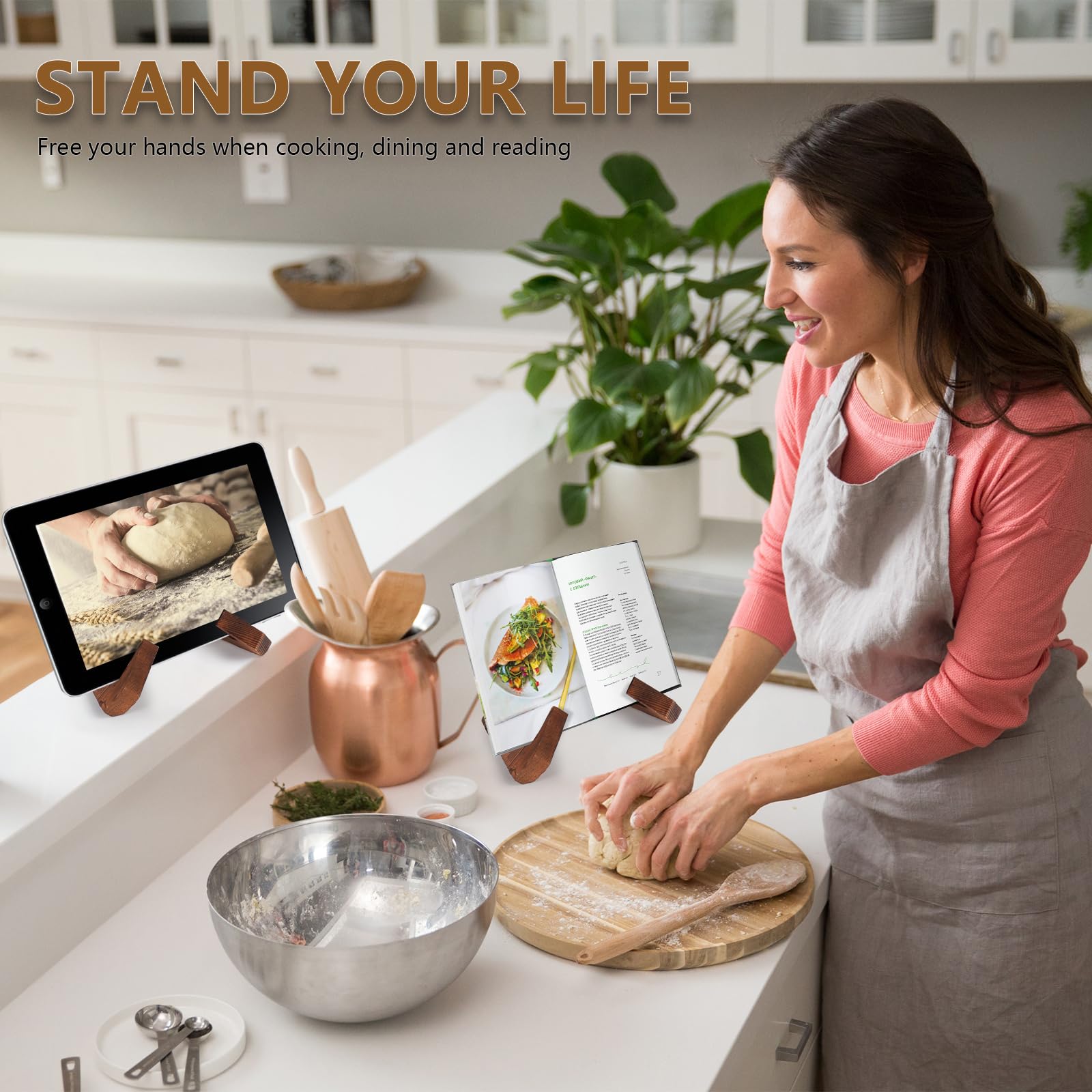SamebuteCO counter-display stand demonstrates multi-use versatility for tablets and cookbooks.