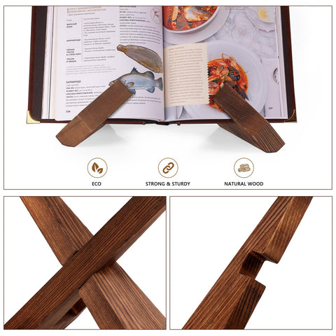 SamebuteCO wooden cookbook stand side view highlighting compact, space-saving design.