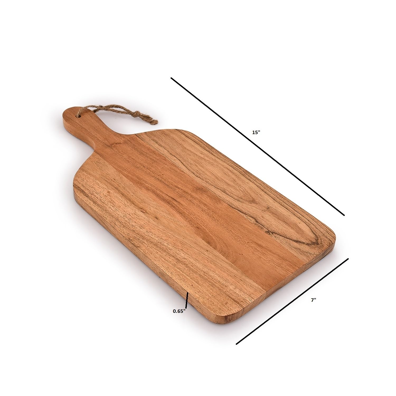 Samhita Acacia paddle cutting board with handle detail for easy transport