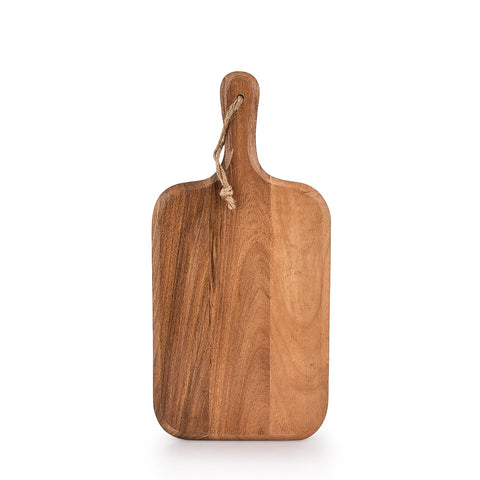Samhita acacia board side view with grip handles for easy transfer.