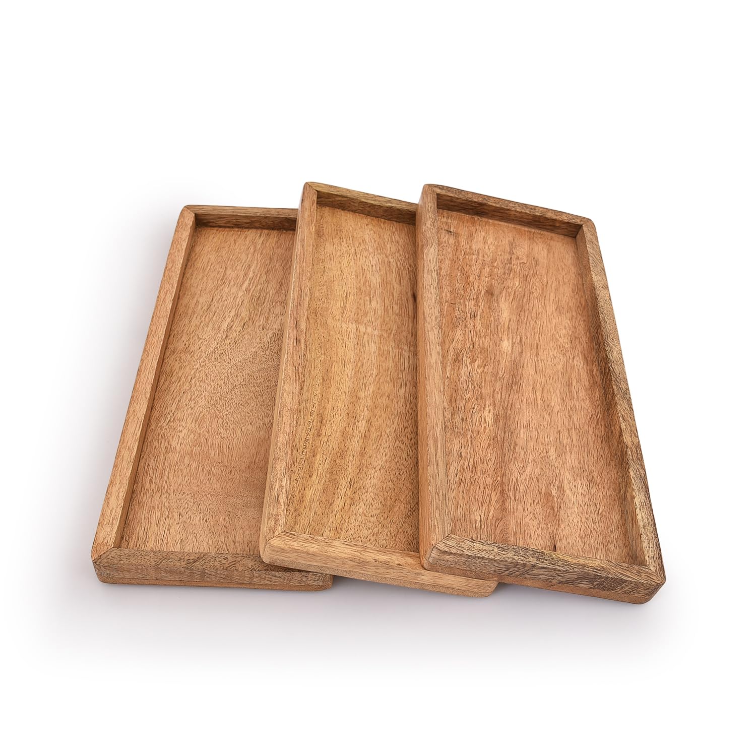 Samhita mango wood serving platter set of three with raised edge for neat serving.