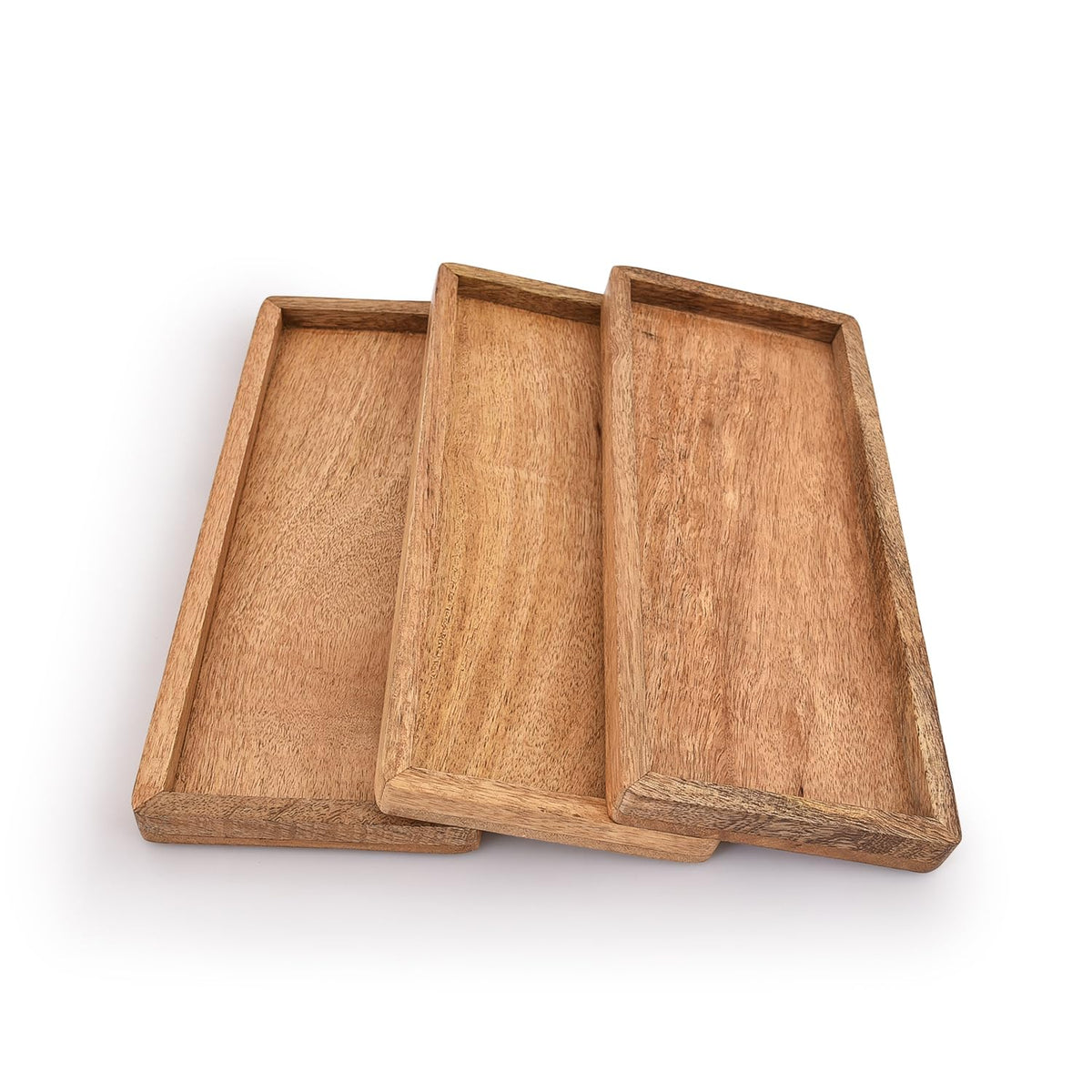 Samhita mango wood serving platter set of three with raised edge for neat serving.
