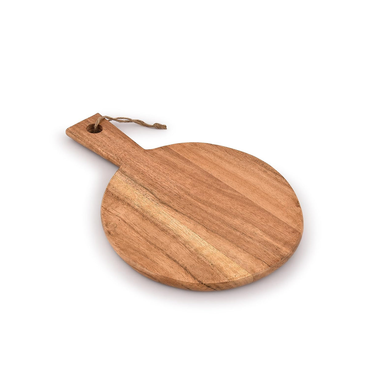 Samhita round acacia cutting board with handle for versatile chopping and serving.