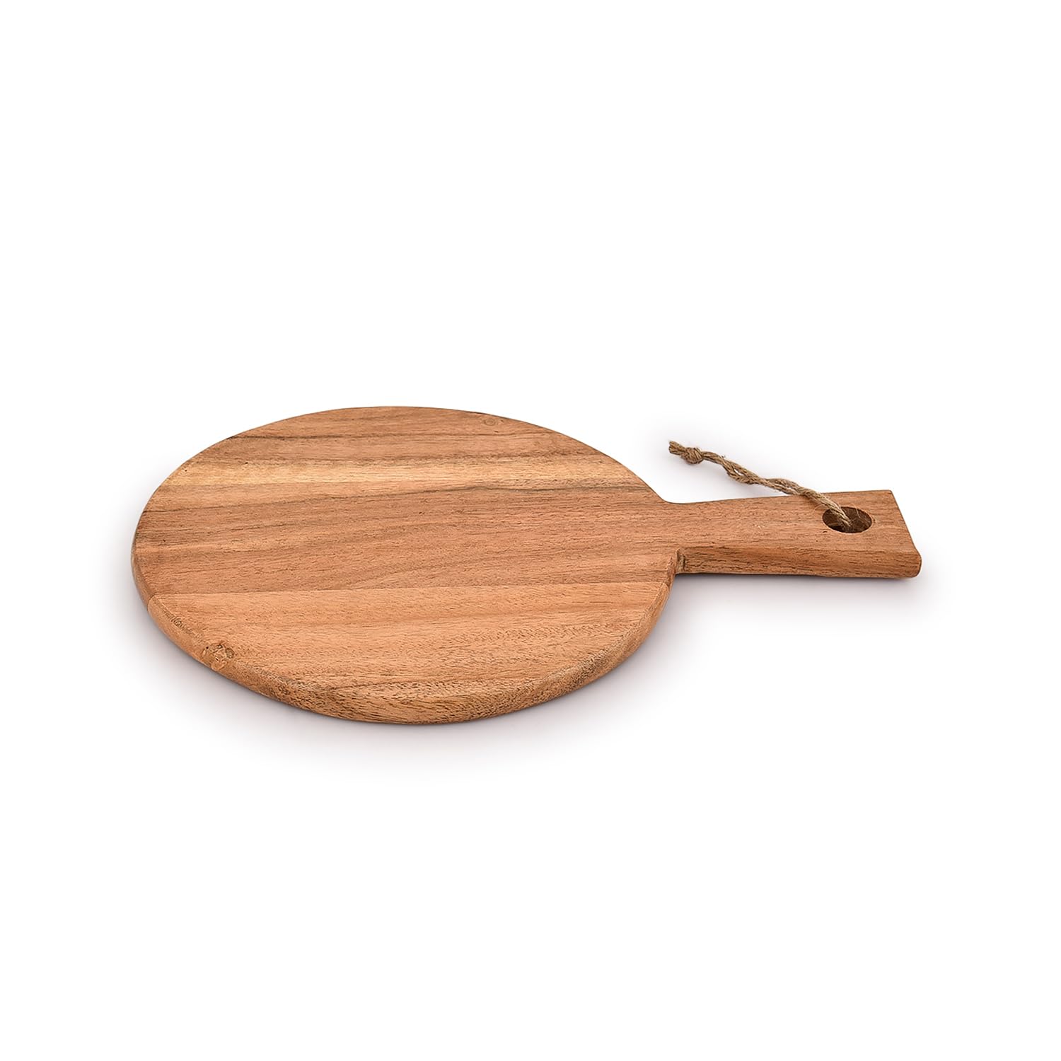 Samhita round cutting board with handle adds countertop décor and utility.