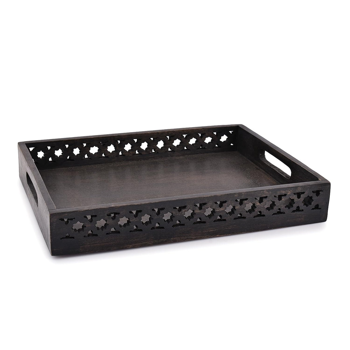 Samhita mango wood serving tray in black with a rectangular shape.
