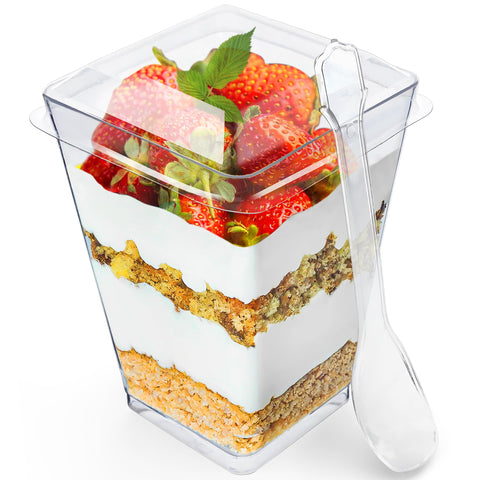 Sammray 5 oz dessert cups with lids and spoons, front view for party-ready servings.