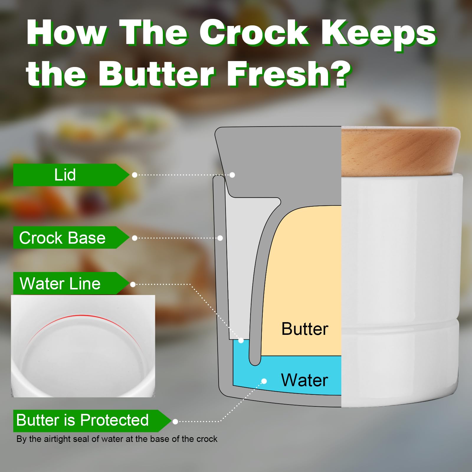 Bright white Samseel butter crock maintains freshness for toast and waffles.