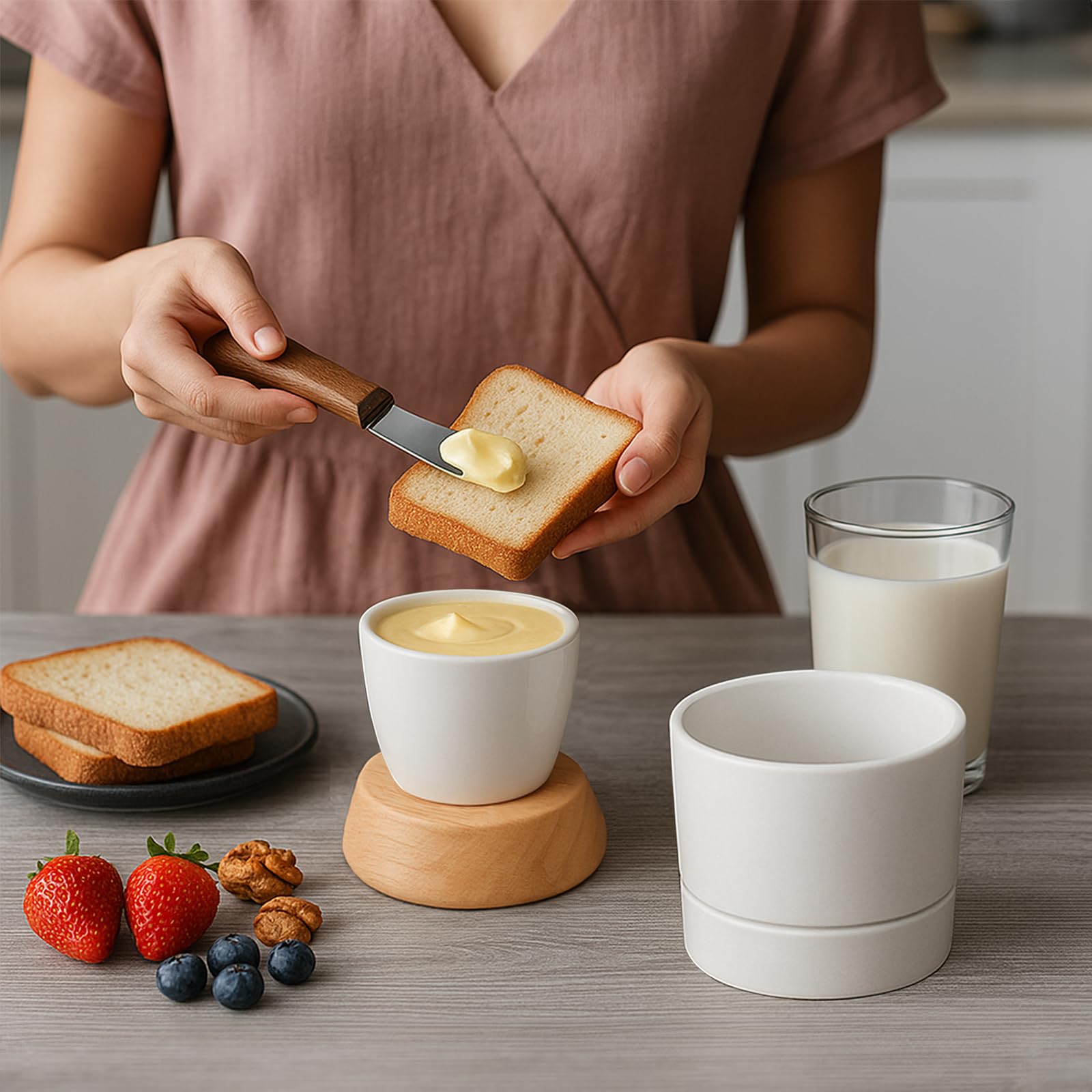 Samseel butter dish with water line helps consistent texture for spreading.