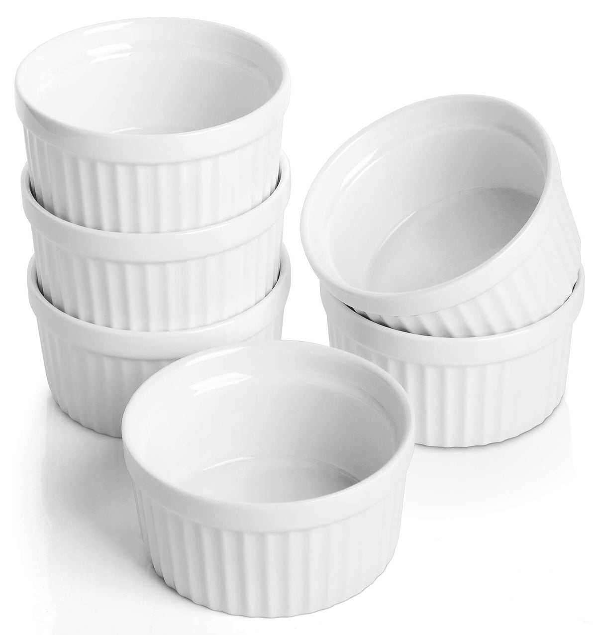 Samsle 4 oz porcelain ramekins with vertical lines, ideal for desserts.