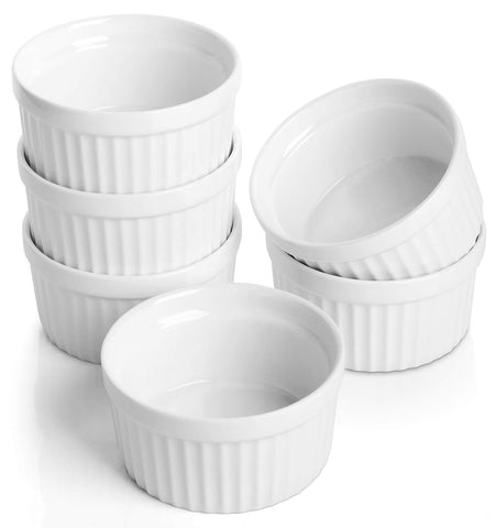 Samsle 4 oz porcelain ramekins with vertical lines, ideal for desserts.