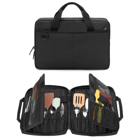 samdew chef knife bag open view shows organized 20-slot storage for tools.