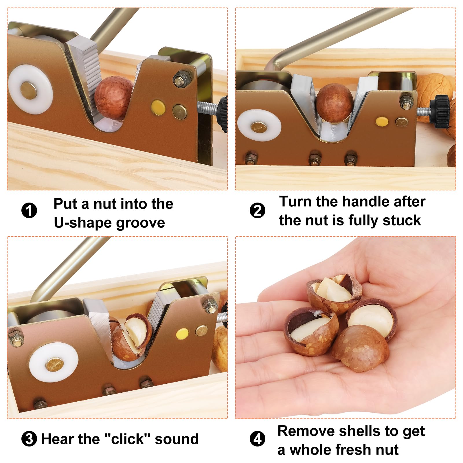 Sanchamy Nut Cracker with wooden base stores nuts and shells.