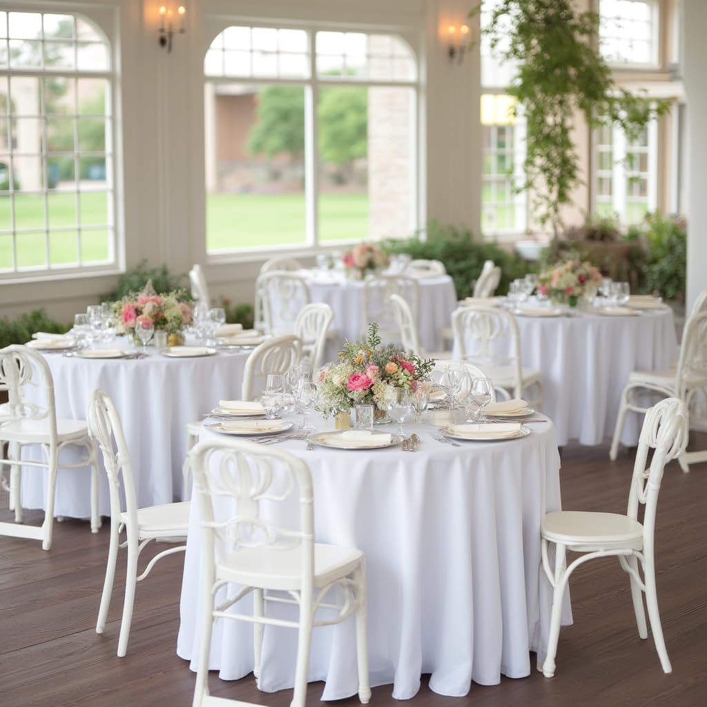 Sancua eight-pack round white tablecloth bundle for events.