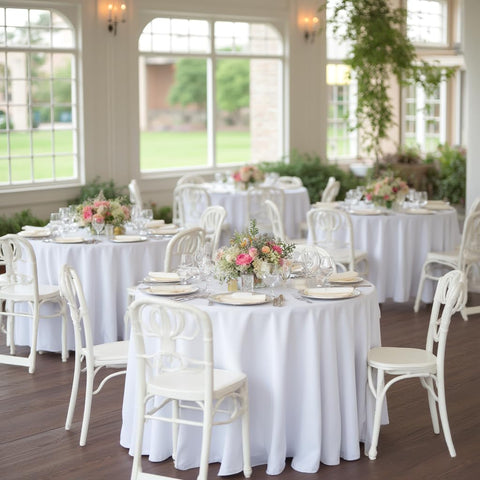Sancua eight-pack round white tablecloth bundle for events.