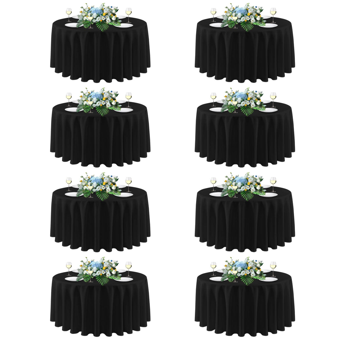 Sancua 90-inch round black tablecloth, top view, enhances formal table setting.