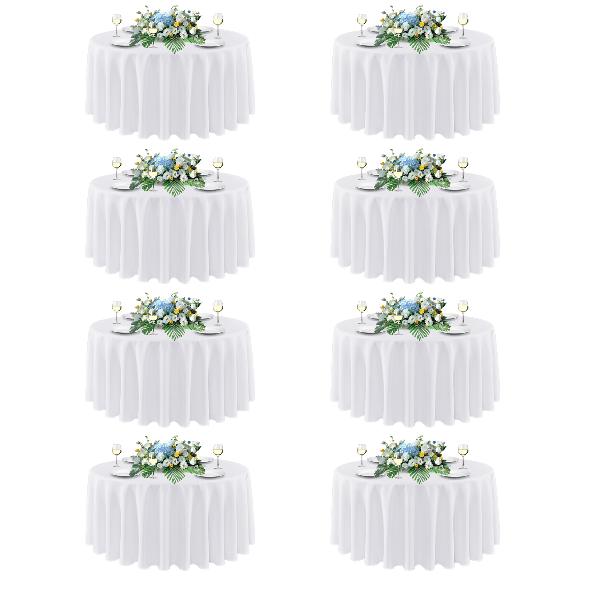 Sancua 90-inch round white tablecloth on a dining table, ideal for weddings.