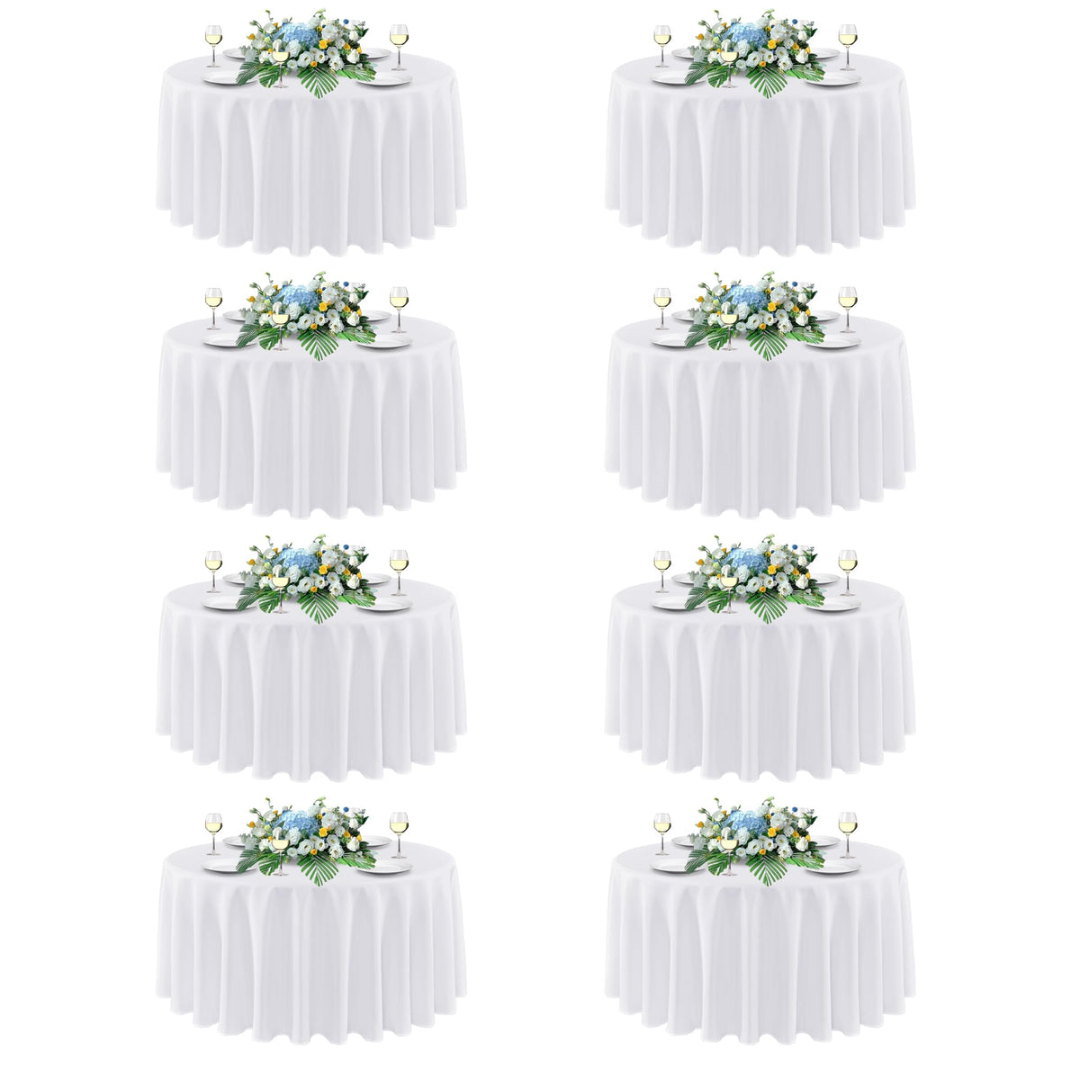 Sancua 90-inch round white tablecloth on a dining table, ideal for weddings.