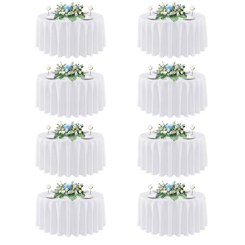 Sancua 90-inch round white tablecloth on a dining table, ideal for weddings.