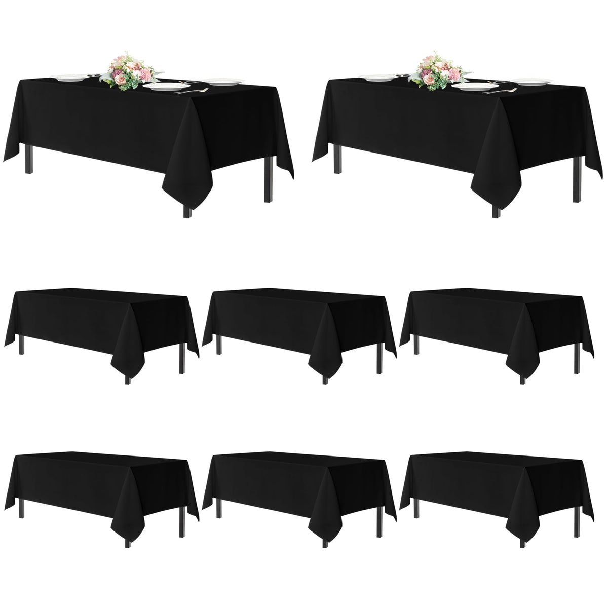 Sancua black 8ft rectangle tablecloth on a table for elegant dining.