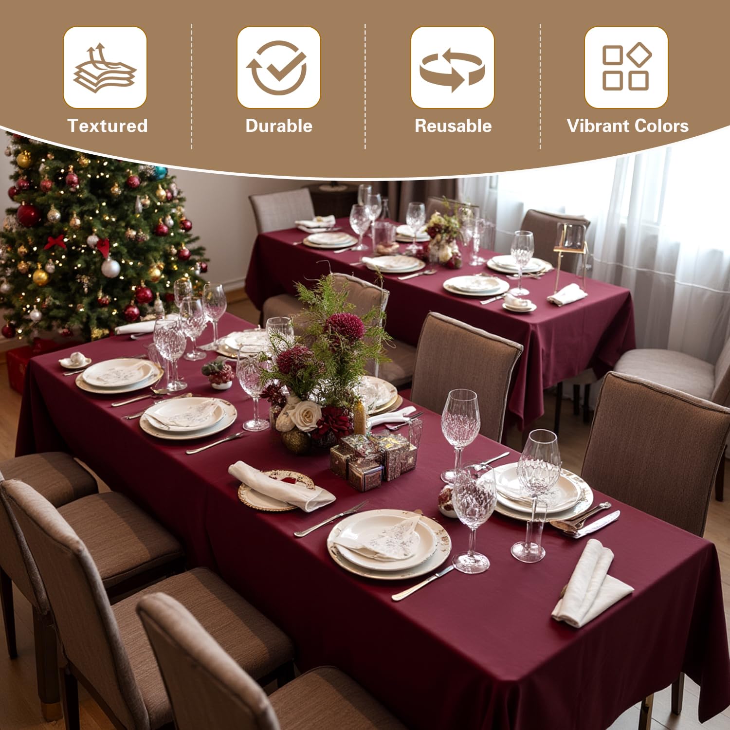Outdoor banquet scene with Sancua burgundy tablecloth under string lights