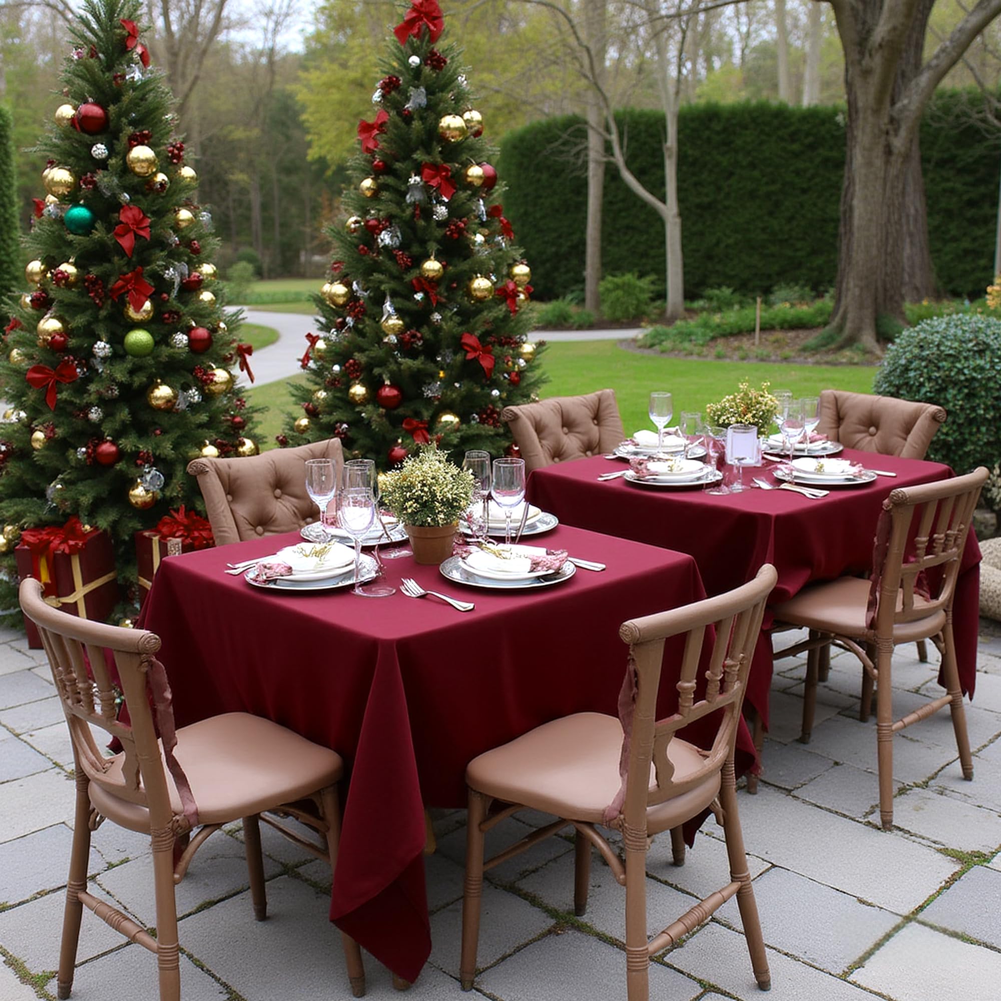 Sancua burgundy tablecloth texture close-up shows soft polyester fabric.