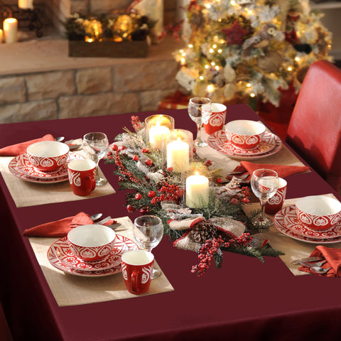 Sancua burgundy tablecloth demonstrates stain resistance for everyday meals.