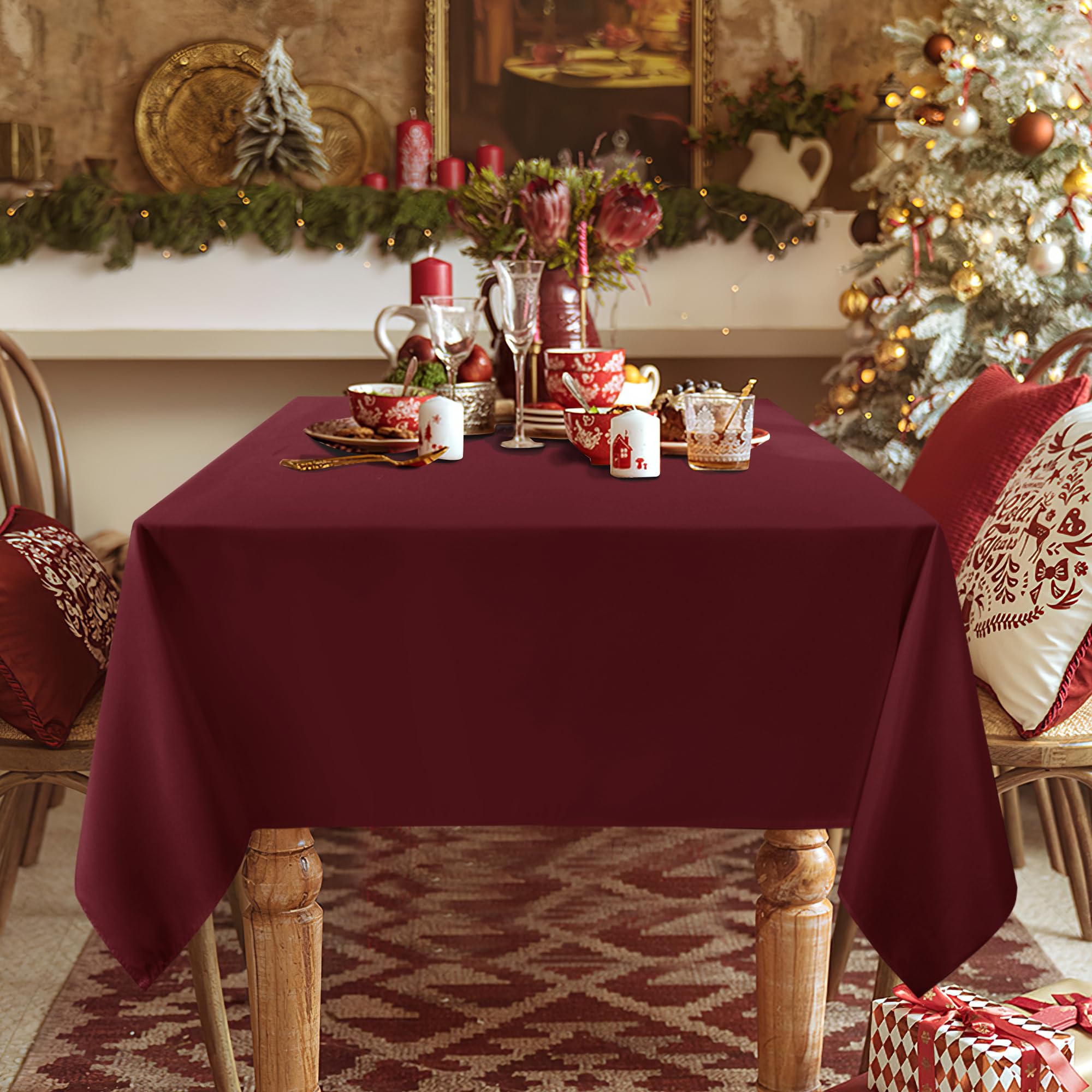 Sancua burgundy tablecloth close-up shows wrinkle-resistant finish for easy care.