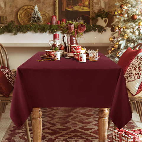 Sancua burgundy tablecloth close-up shows wrinkle-resistant finish for easy care.
