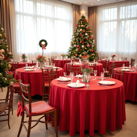 Sancua Christmas Red round tablecloth on wedding table, adds festive elegance.