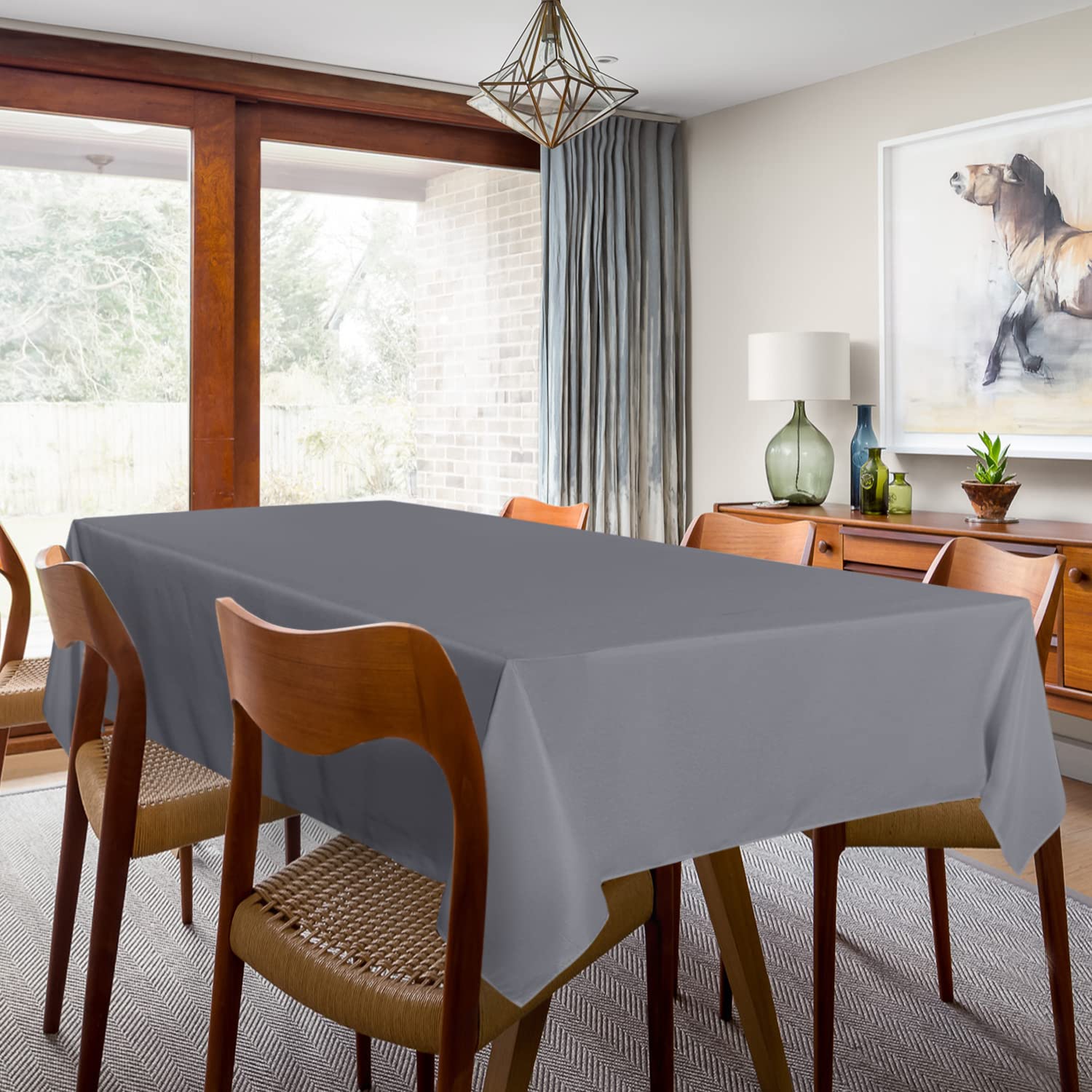 Sancua light grey tablecloth closeup fabric weave highlighting durable polyester.