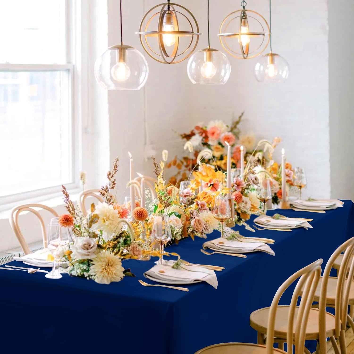 Sancua navy blue tablecloth close-up shows durable fabric and rich color