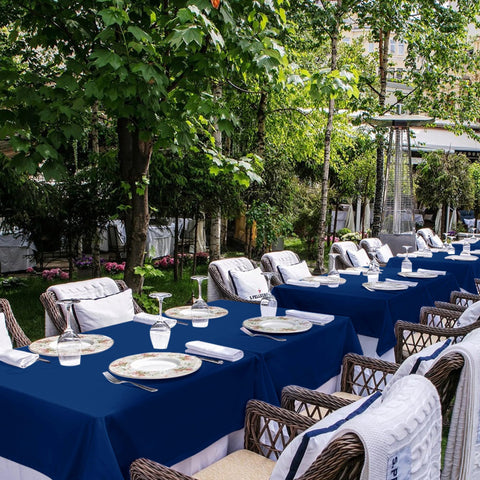 Sancua navy blue tablecloth at a wedding banquet setup with elegant styling
