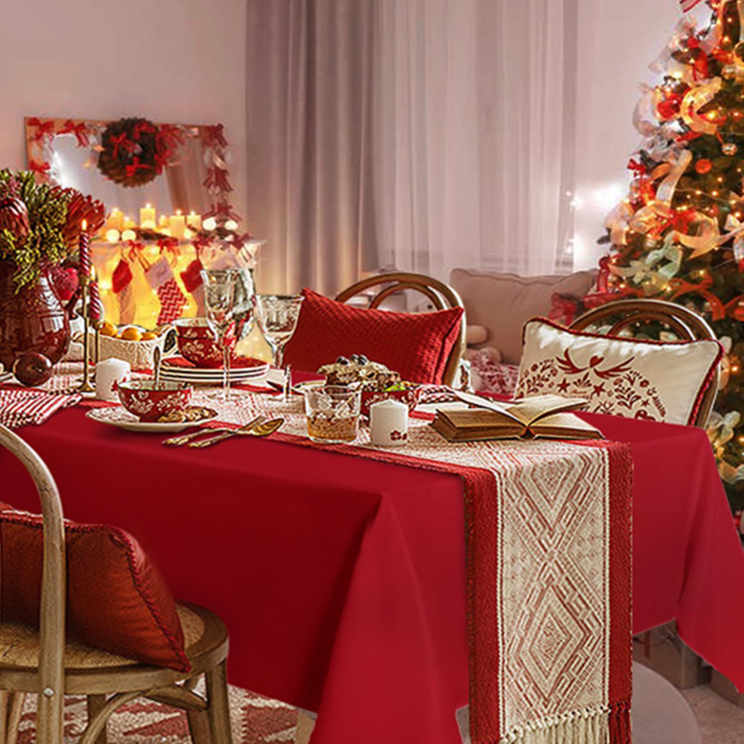 Sancua rectangle tablecloth on a red dining table demonstrates elegant protection